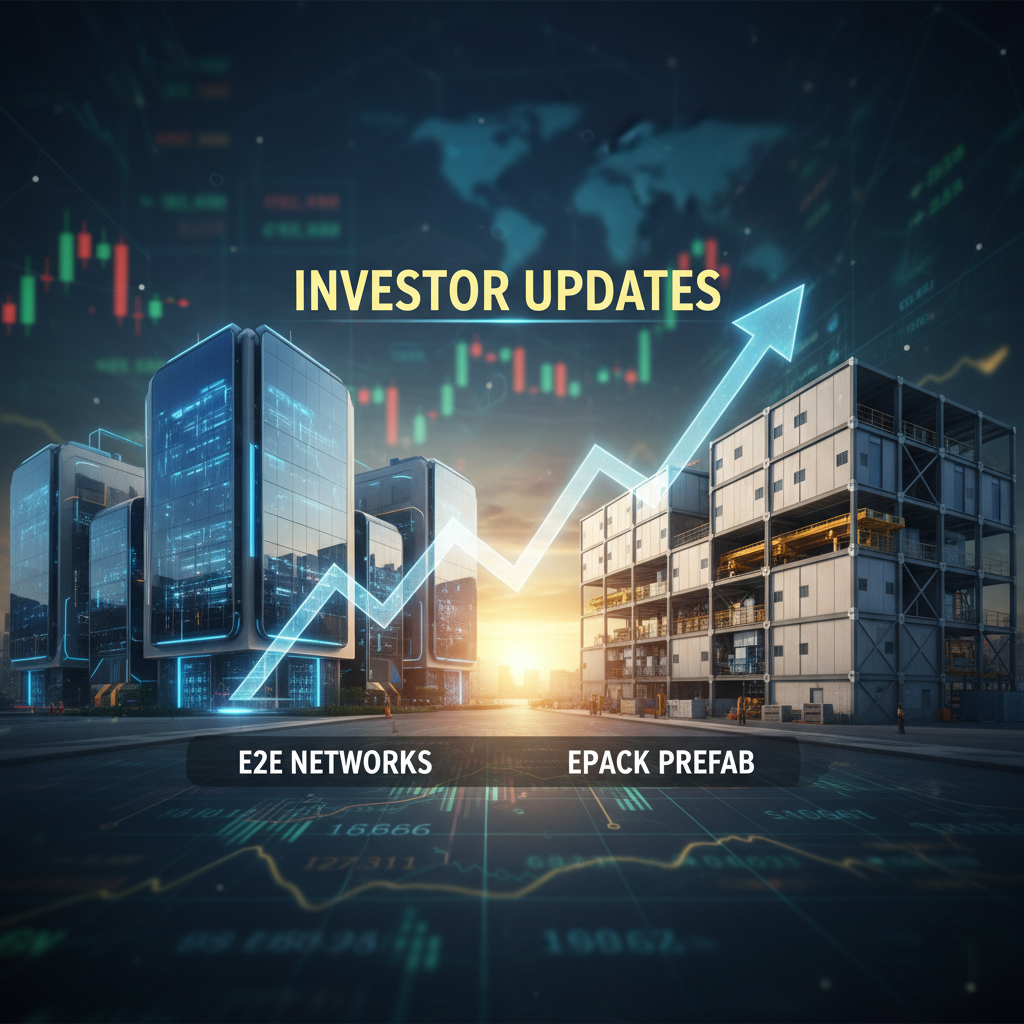 Professional image showing modern data center buildings and modular prefab structures with an upward trend arrow over market charts.