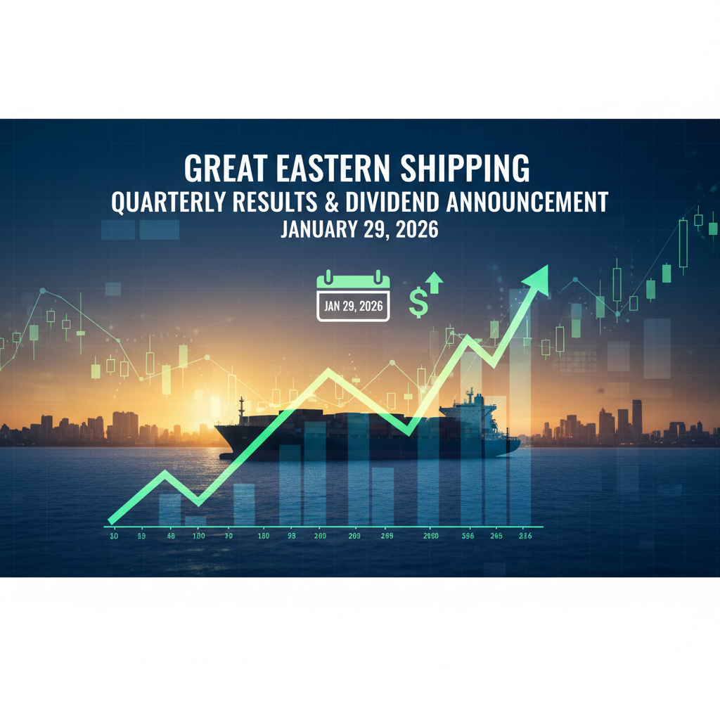 A professional image combining shipping with financial charts and text about quarterly results and dividends.