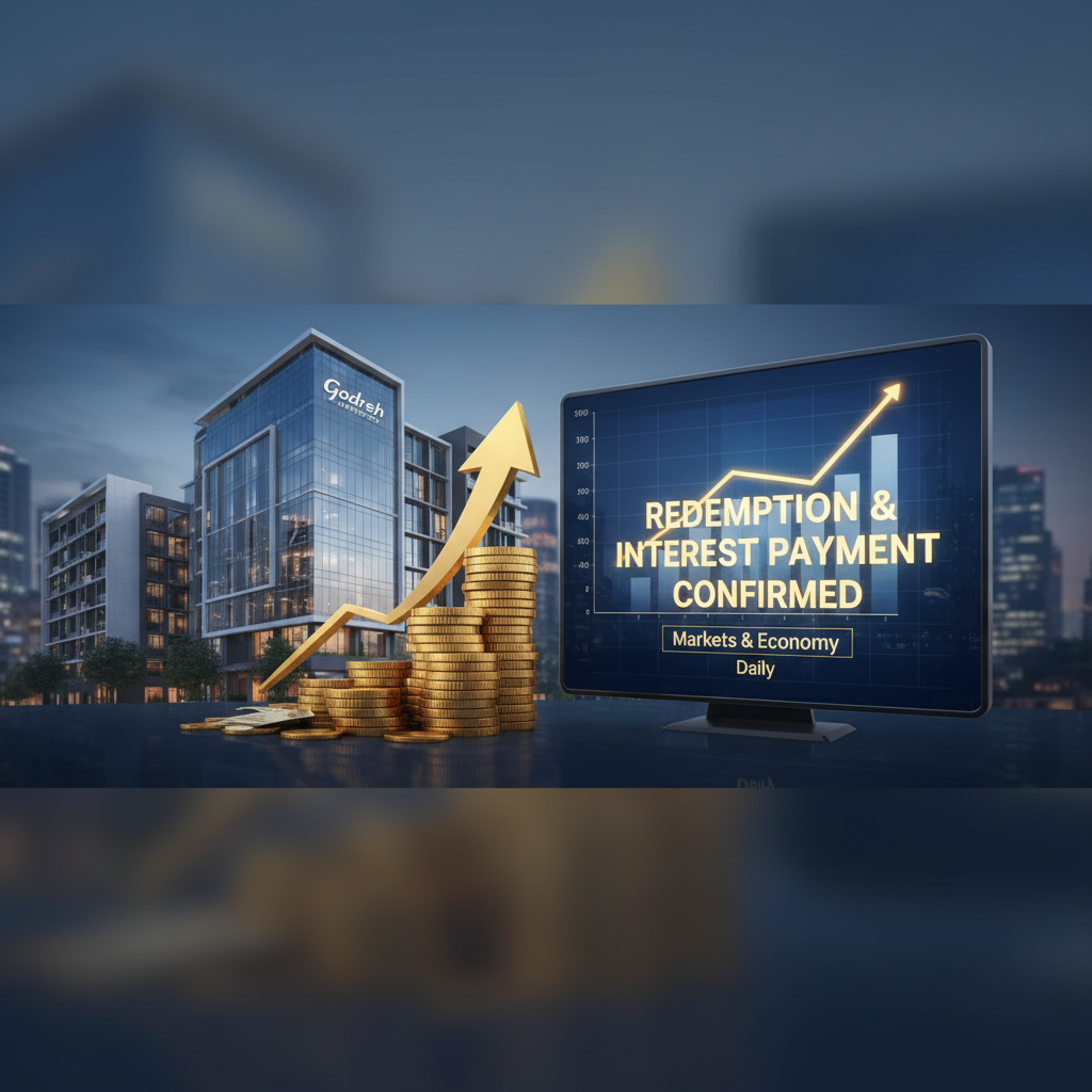 A professional image showing the Godrej Properties building, a stack of golden coins, an upward trending arrow, and a monitor displaying "Redemption & Interest Payment Confirmed."