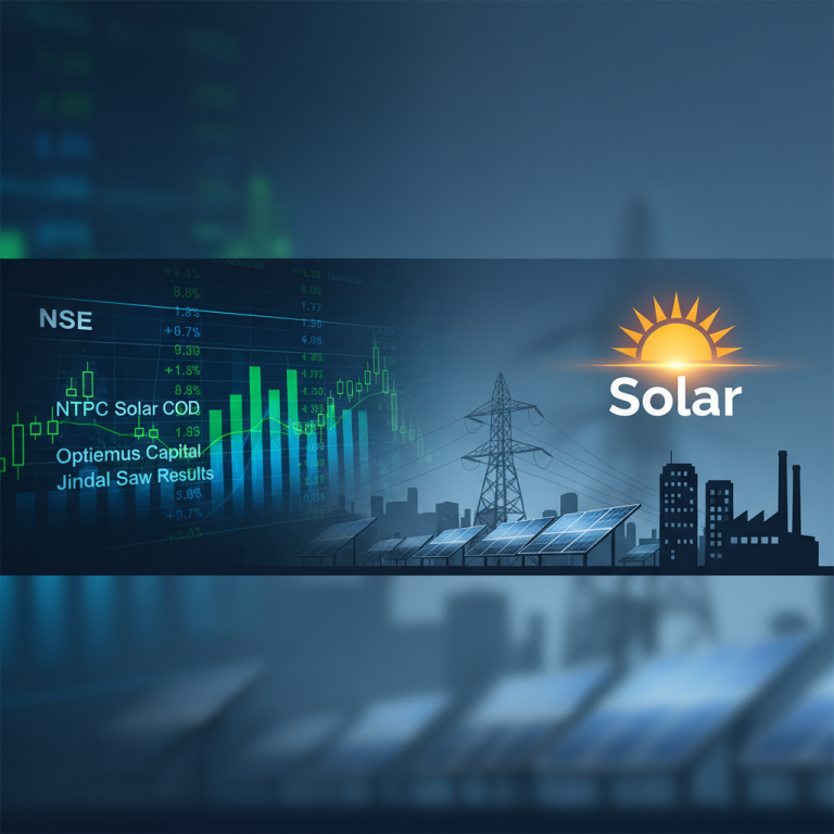 A professional graphic for a business article showing stock market data, solar panels, and city infrastructure.