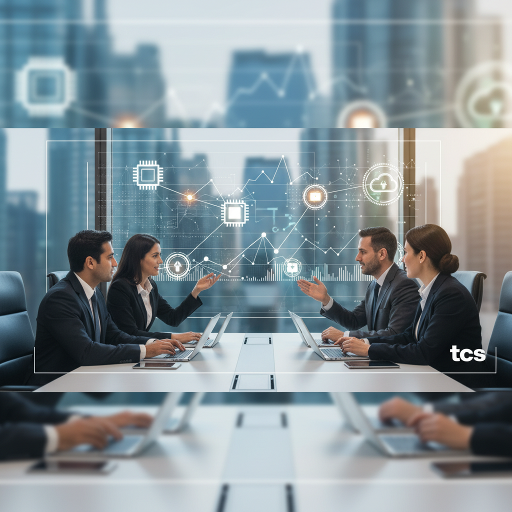 Four professionals in a modern meeting room, with digital tech overlays and city skyline.