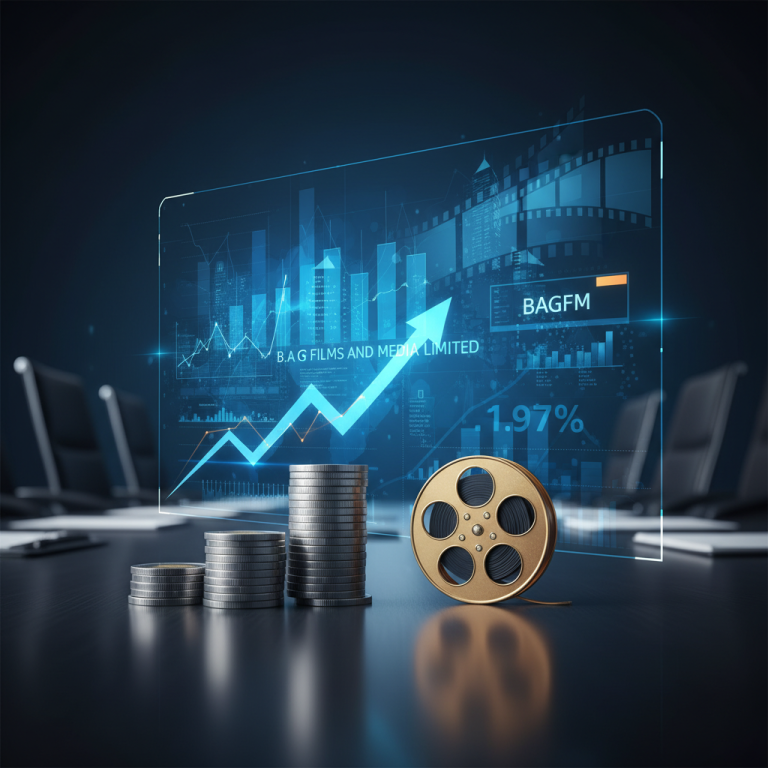A professional image showing stacks of coins, a film reel, and a holographic financial chart with an upward trend.