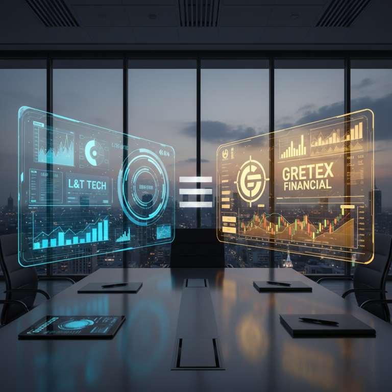 Holographic financial data displays for L&T Tech and Gretex Financial in a modern boardroom.