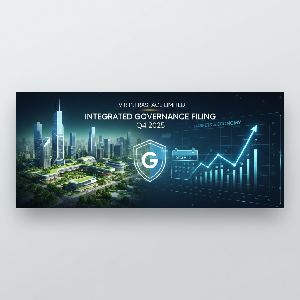 A professional banner for "VR Infraspace Limited Integrated Governance Filing Q4 2025" with a modern cityscape and financial graphs.