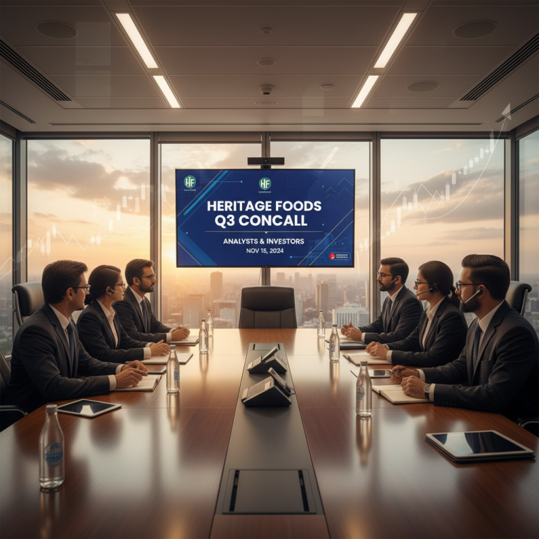 Business professionals in a modern boardroom with city views, focused on a screen displaying "Heritage Foods Q3 Concall."