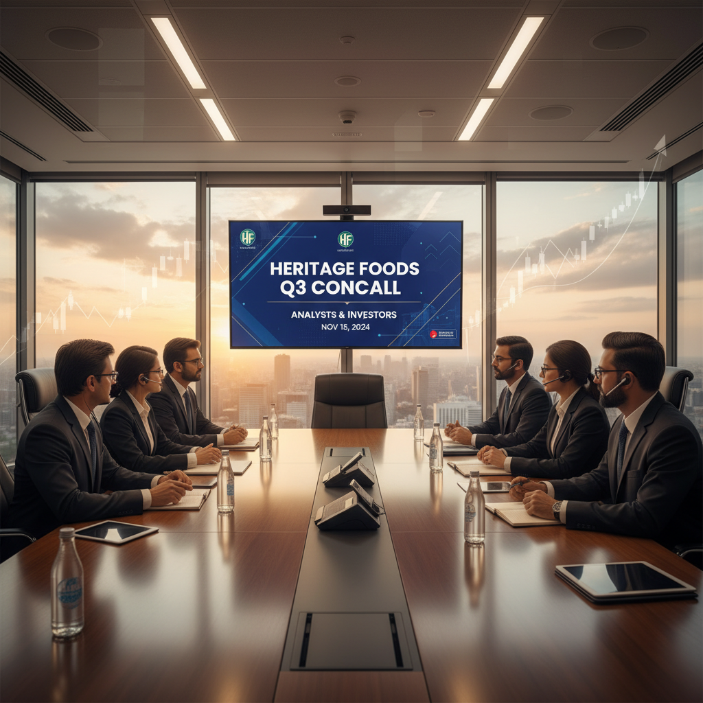 Business professionals in a modern boardroom with city views, focused on a screen displaying "Heritage Foods Q3 Concall."