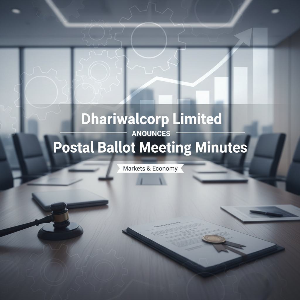 A boardroom setting with a gavel, official document, and text overlay for Dhariwalcorp Limited's meeting minutes.