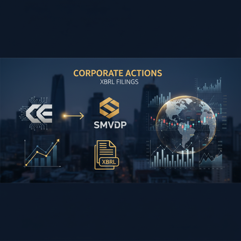 Visualizing corporate data flow: "CE" to "SMVDP" via XBRL, set against a financial cityscape.