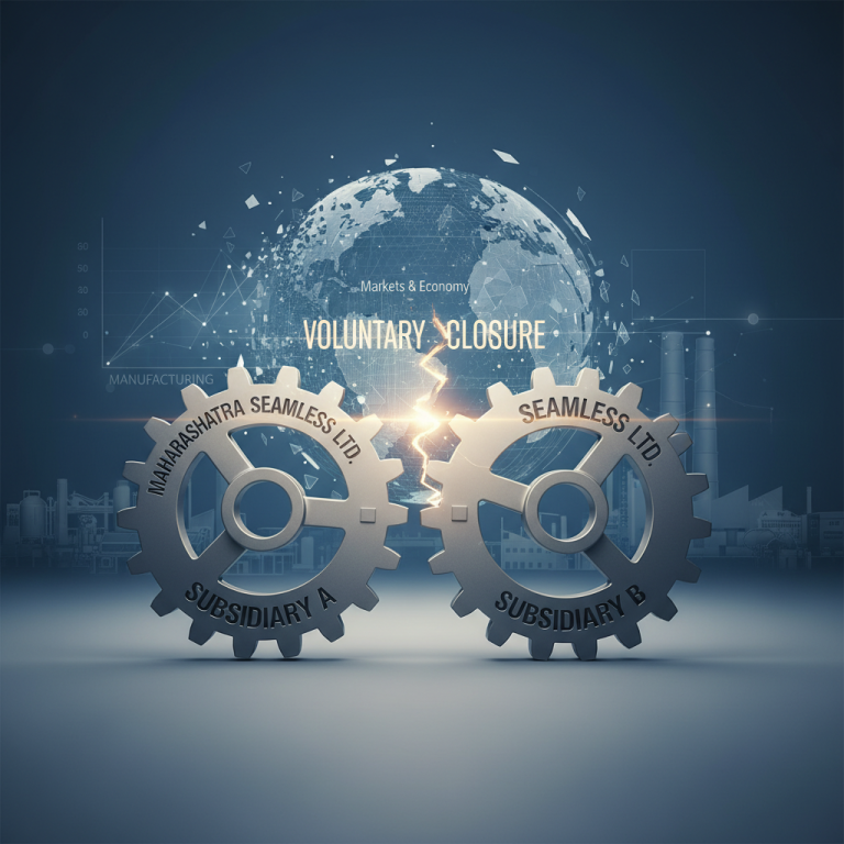 Two gears labeled "Subsidiary A" and "Subsidiary B" disengaging, symbolizing the voluntary closure of subsidiaries, with a global business backdrop.