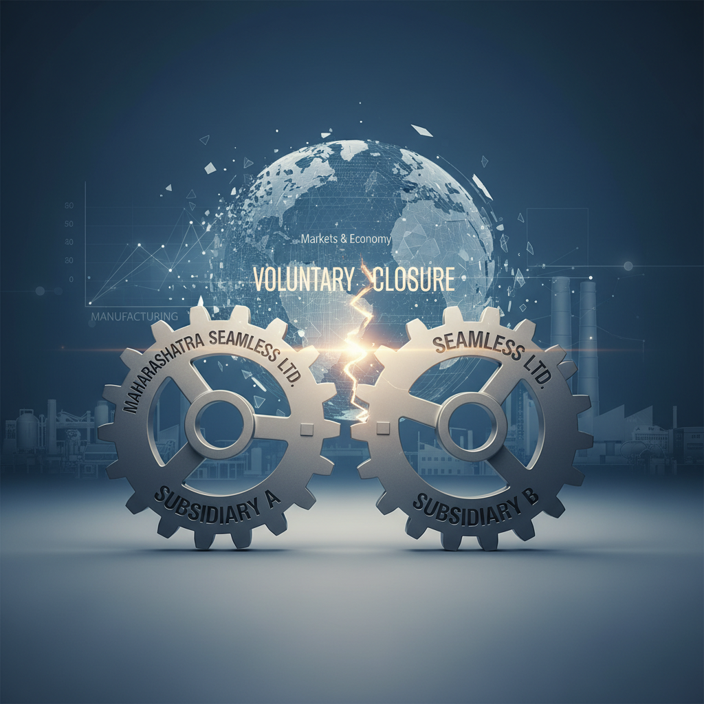 Two gears labeled "Subsidiary A" and "Subsidiary B" disengaging, symbolizing the voluntary closure of subsidiaries, with a global business backdrop.