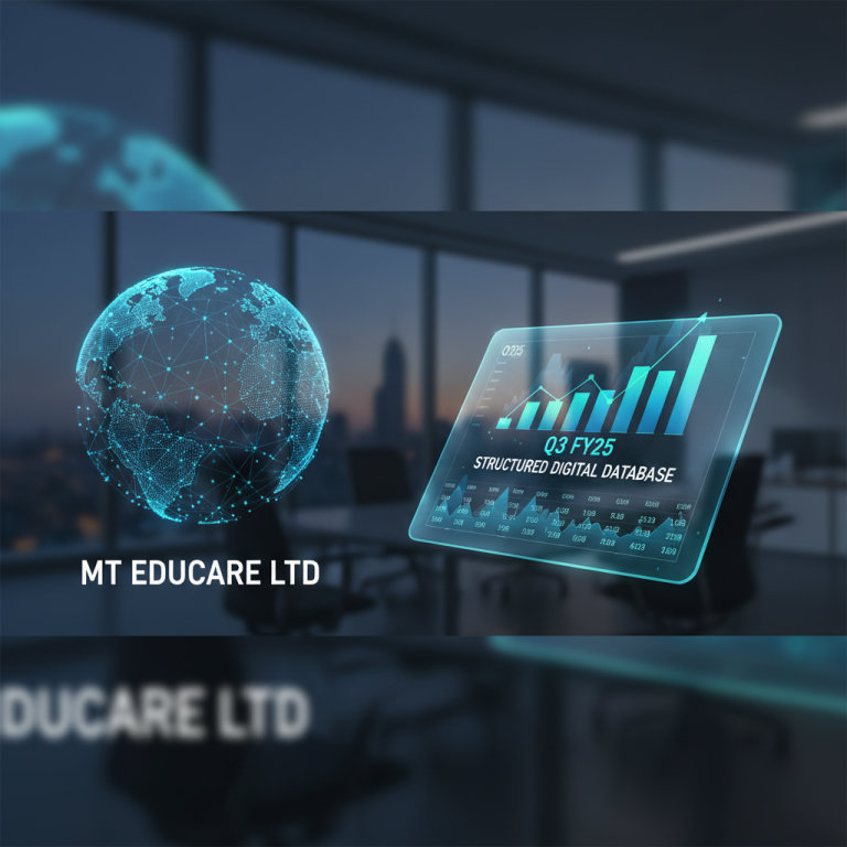 A professional image showing a digital globe and a holographic screen displaying financial data, charts, and "Q3 FY25 Structured Digital Database" in an office setting.