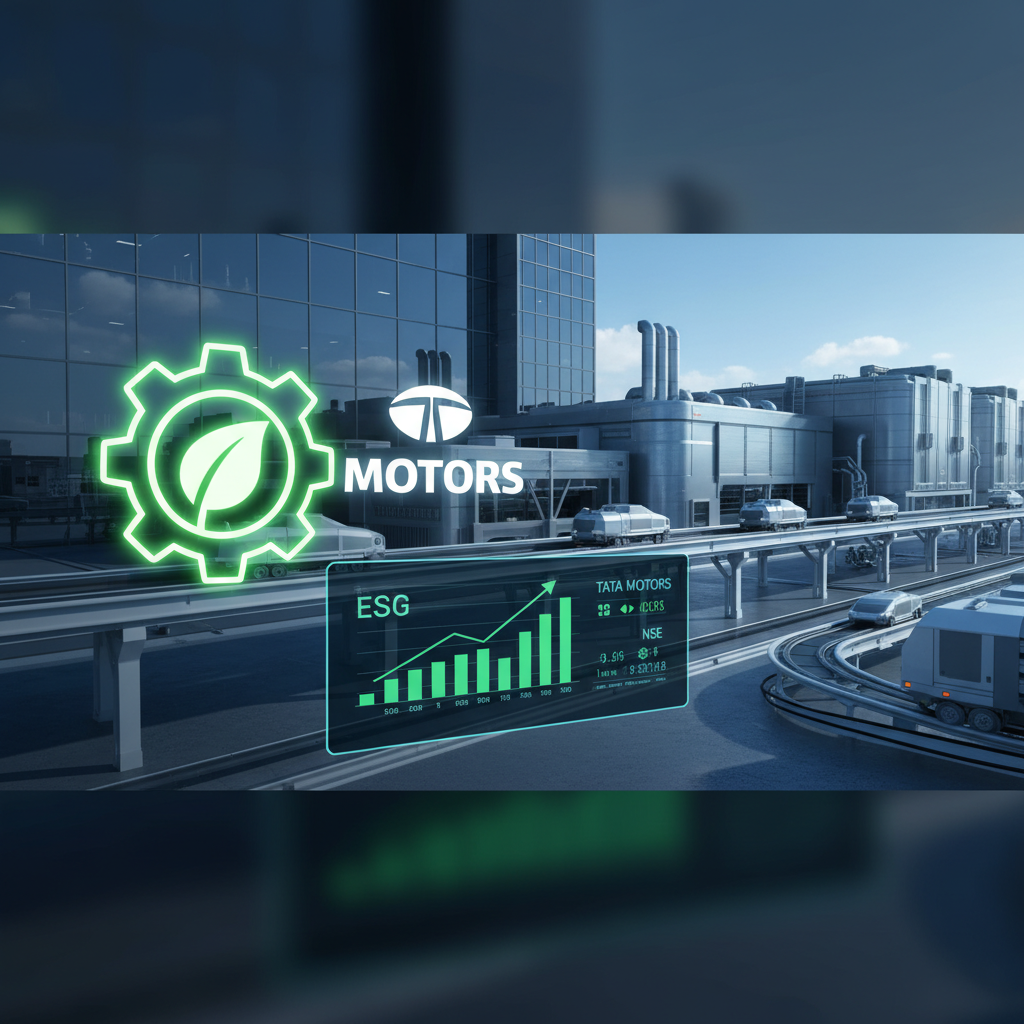 A modern city scene with Tata Motors branding and an ESG graph overlay, symbolizing corporate sustainability and market impact.