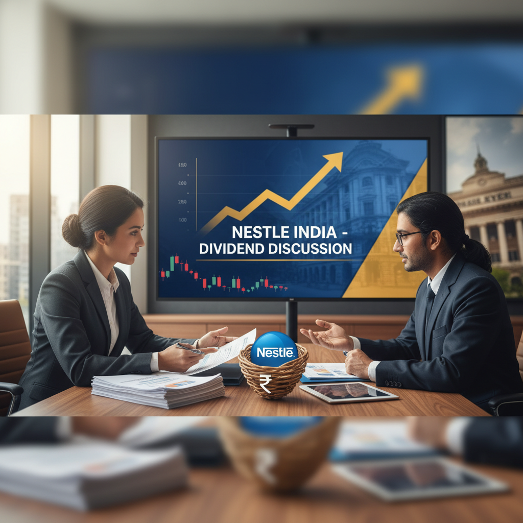 Two professionals discussing Nestle India dividends with charts and company logo in the background.