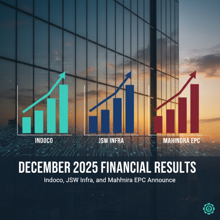 Bar charts showing financial growth for Indoco, JSW Infra, and Mahindra EPC with a cityscape background.