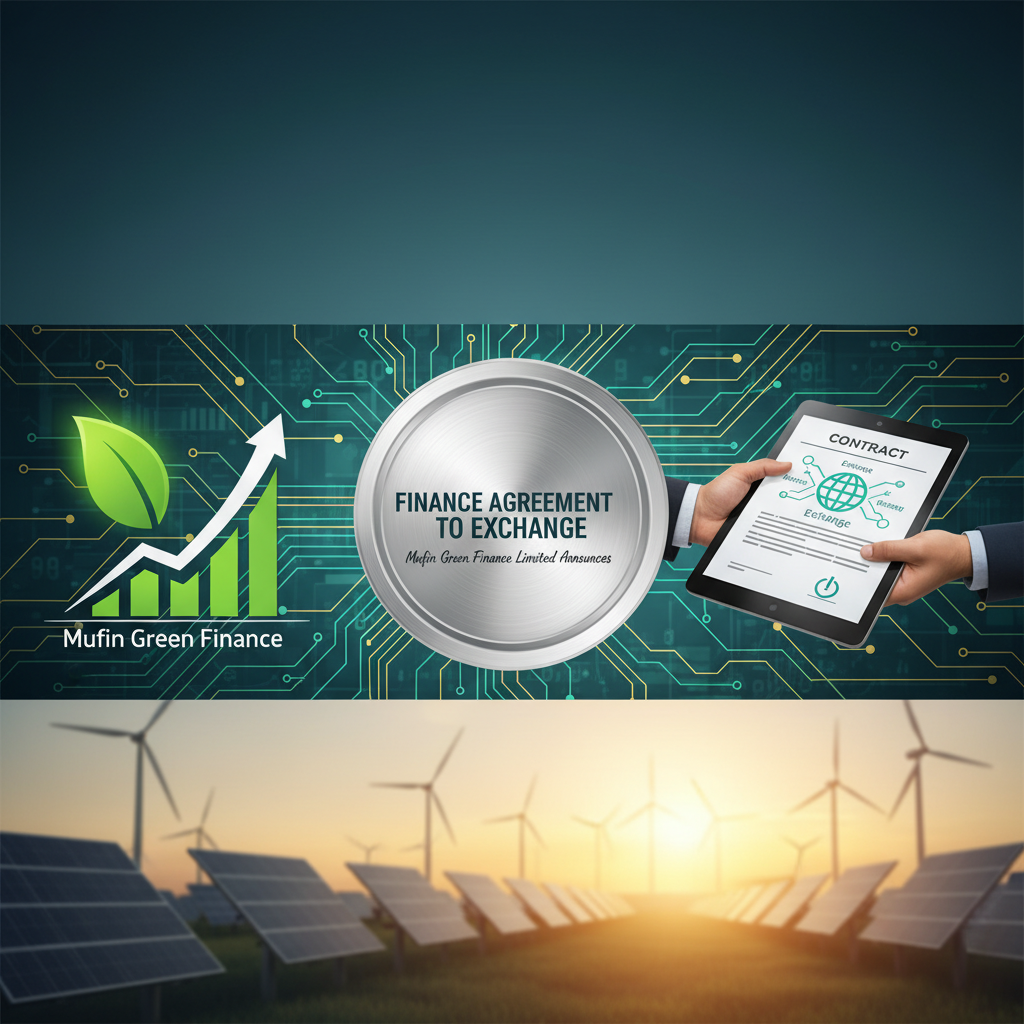 An infographic featuring a growth chart with a leaf, a finance agreement, and a contract, against a backdrop of solar panels and wind turbines.