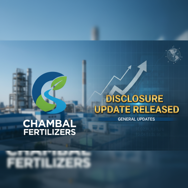 A professional graphic with Chambal Fertilizers logo, an upward trending arrow, and "Disclosure Update Released" text.