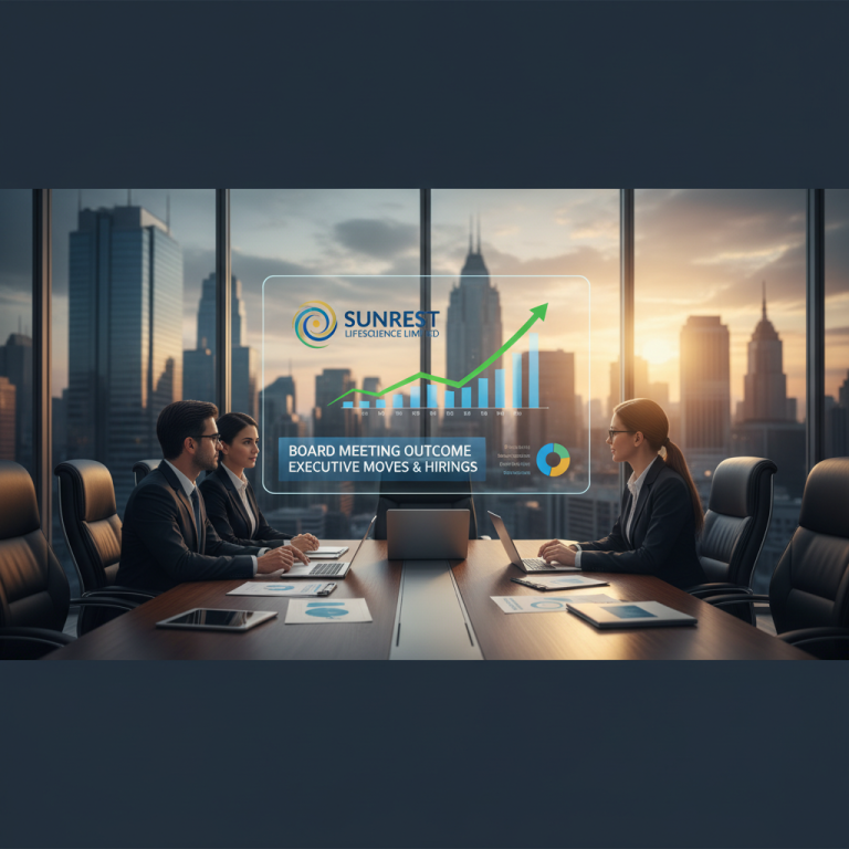Business professionals in a boardroom with a holographic display showing growth charts and the Sunrest Lifescience logo.