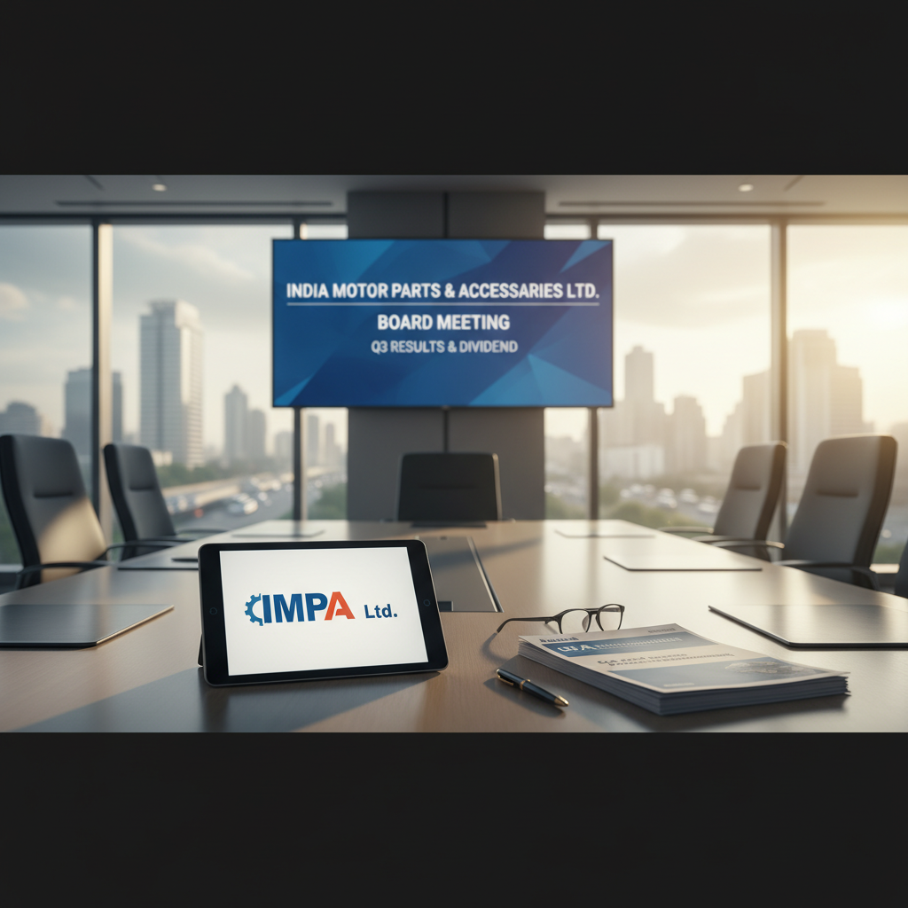 A modern boardroom with a tablet displaying the IMPA Ltd. logo and a screen showing "India Motor Parts & Accessories Ltd. Board Meeting Q3 Results & Dividend."