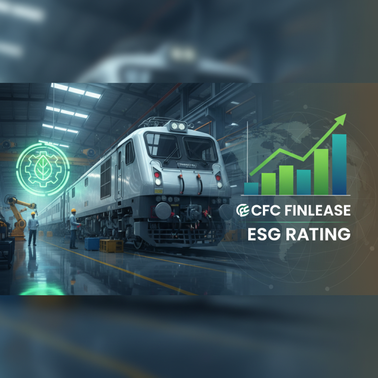 A modern train in a factory, with a green growth chart and "CFC Finlease ESG Rating" text.