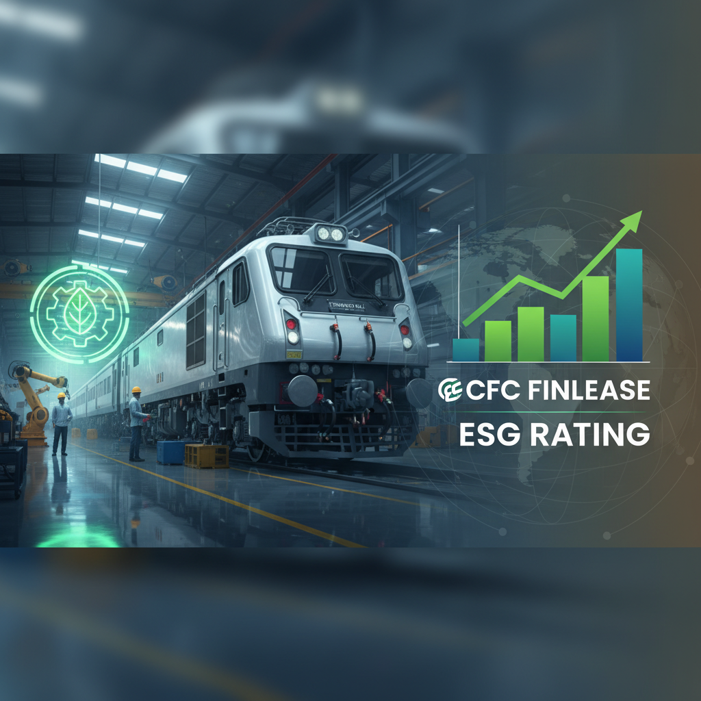A modern train in a factory, with a green growth chart and "CFC Finlease ESG Rating" text.