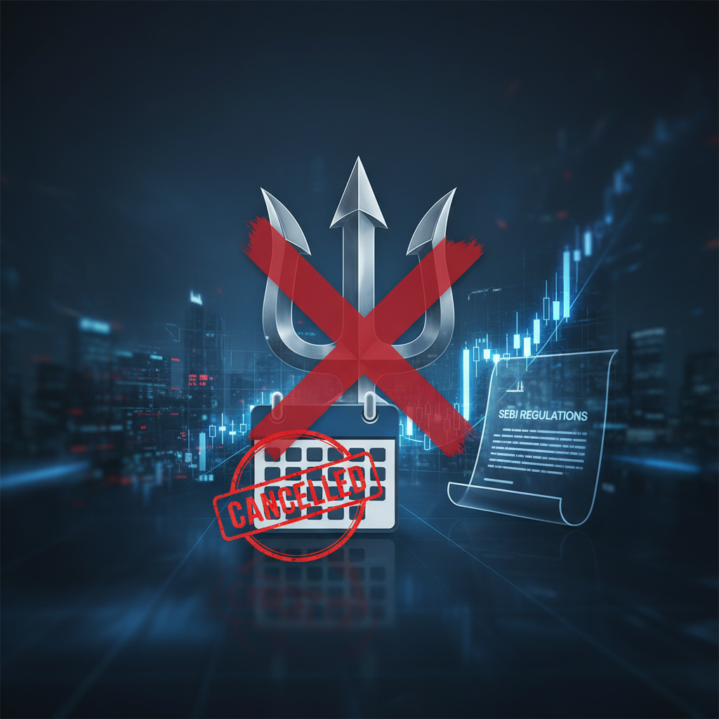 A crossed-out trident logo, a "CANCELED" calendar, and "SEBI REGULATIONS" document on a financial background.