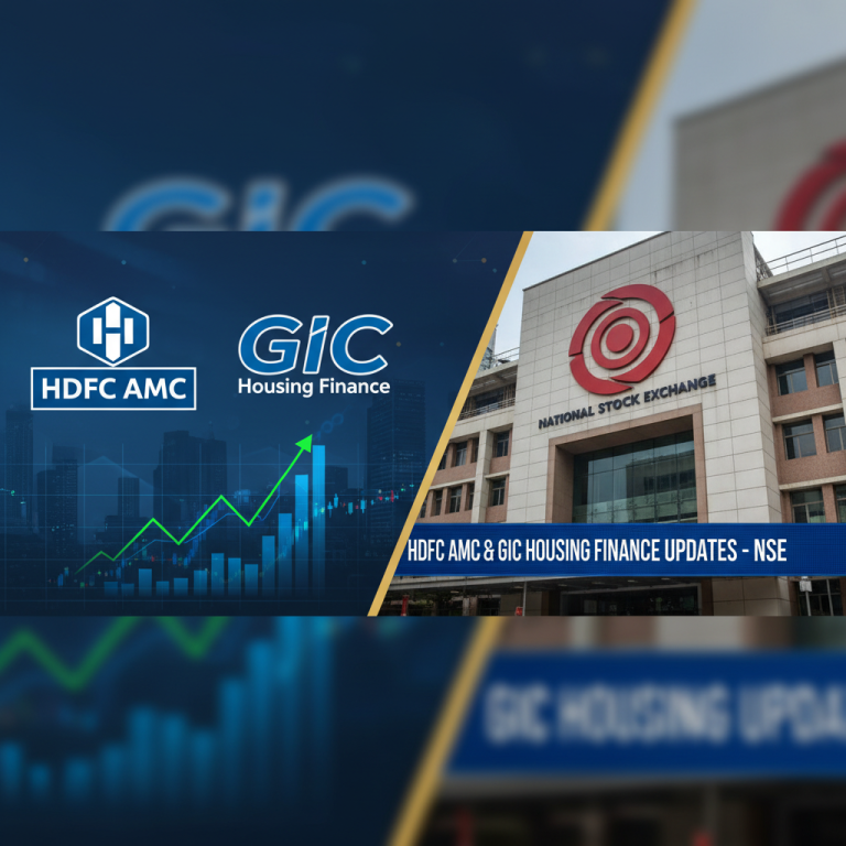 A professional image representing HDFC AMC, GIC Housing Finance, and the National Stock Exchange (NSE).