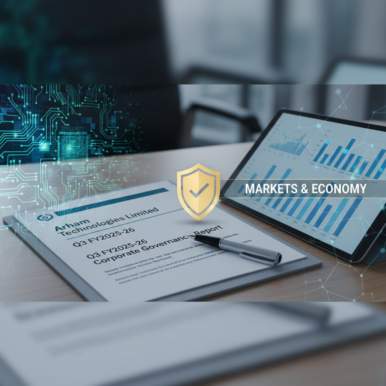 A professional image with a document titled "Arham Technologies Limited Q3 FY2025-26 Corporate Governance Report" on a desk.