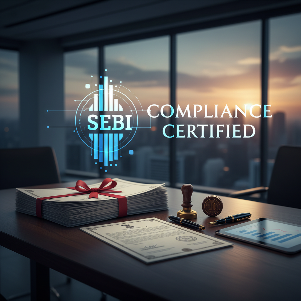 A professional desk with compliance documents, a stamp, and a digital tablet, symbolizing regulatory adherence.