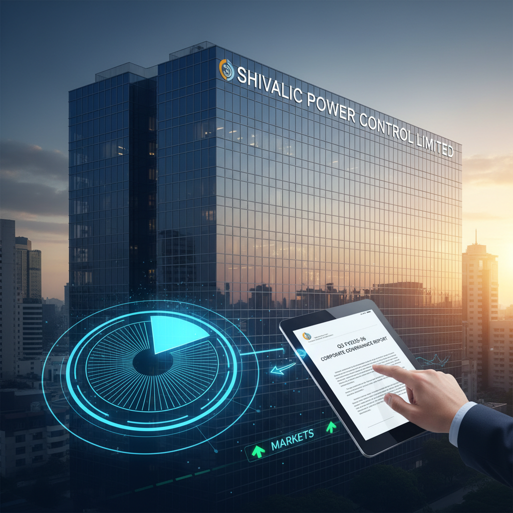 A modern building with "SHIVALIC POWER CONTROL LIMITED" logo. A hand holds a tablet displaying a report.