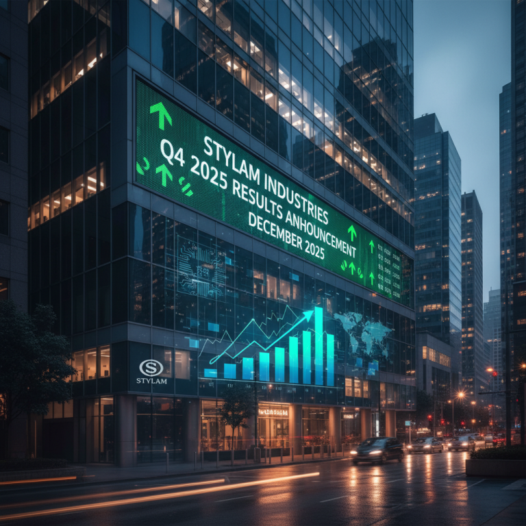 A modern city building with a digital display showing "Stylam Industries Q4 2025 Results Announcement December 2025" and a rising stock graph.