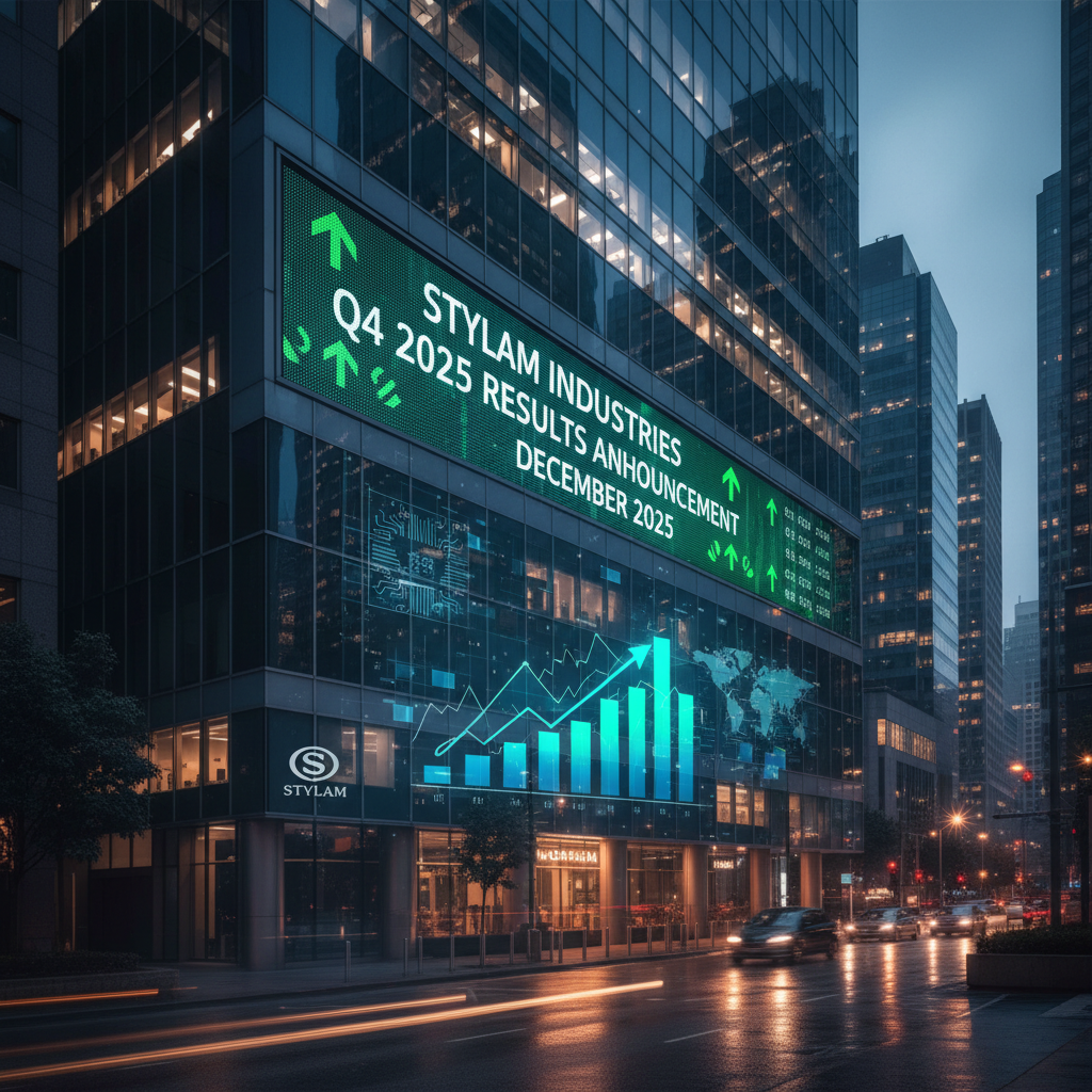 A modern city building with a digital display showing "Stylam Industries Q4 2025 Results Announcement December 2025" and a rising stock graph.