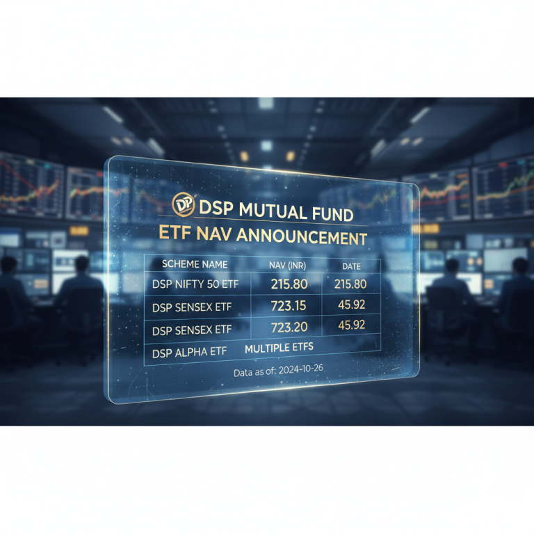A holographic display shows an ETF NAV announcement from DSP Mutual Fund with market data.