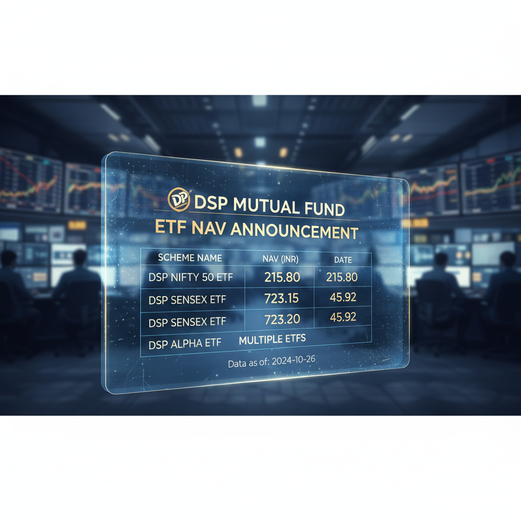 A holographic display shows an ETF NAV announcement from DSP Mutual Fund with market data.