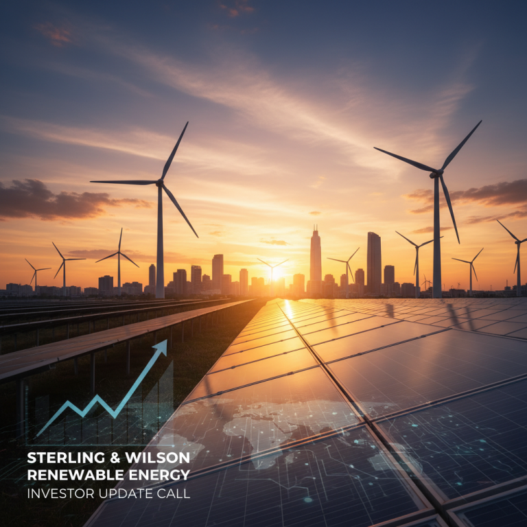 Solar panels and wind turbines at sunset with a city skyline, representing renewable energy and market growth.