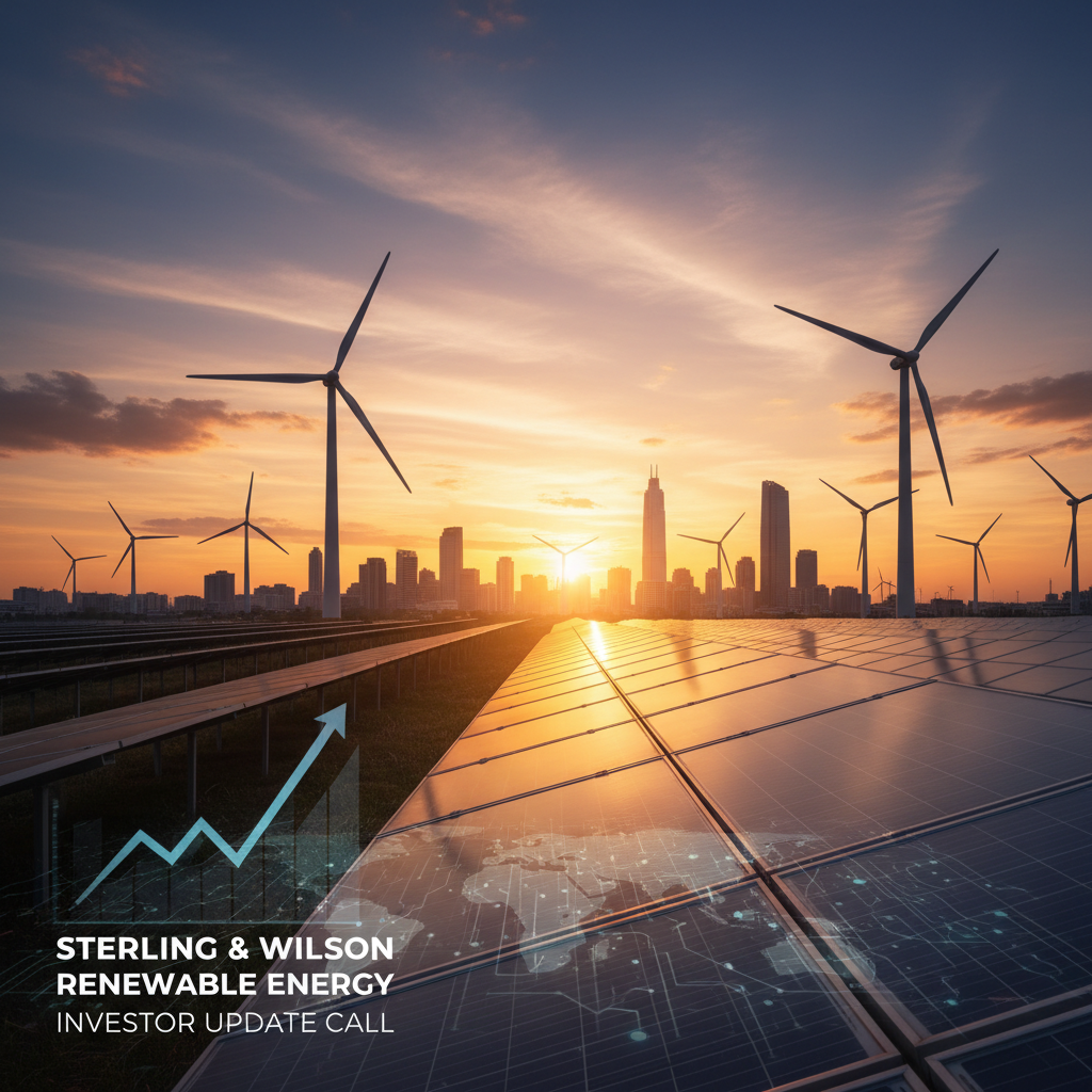 Solar panels and wind turbines at sunset with a city skyline, representing renewable energy and market growth.