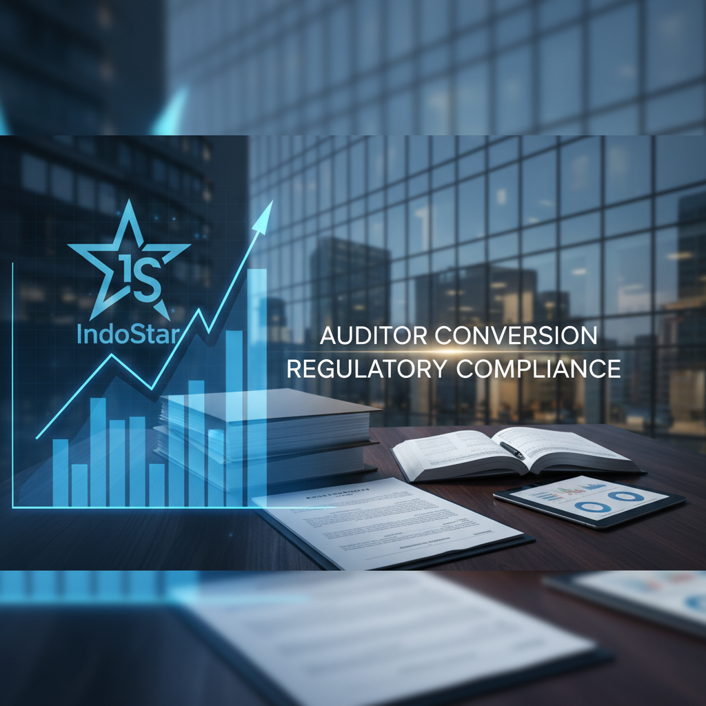 A professional image representing finance with IndoStar logo, growth chart, documents, and text "AUDITOR CONVERSION REGULATORY COMPLIANCE".