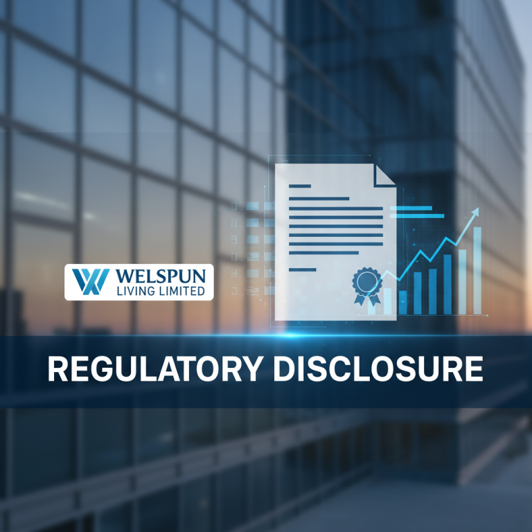 An image symbolizing regulatory disclosure with a document icon, upward trending chart, and the Welspun Living logo.