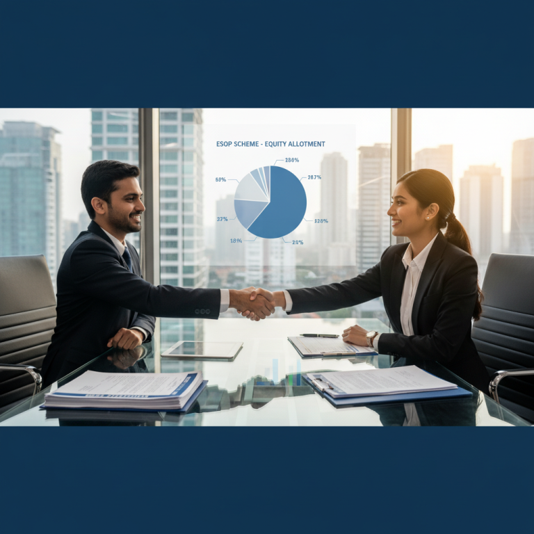 Two professionals shaking hands across a boardroom table with a pie chart overlay discussing equity allotment.
