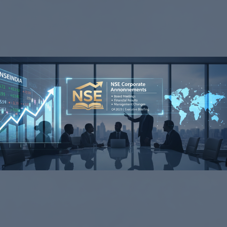 A professional boardroom setting with business people and digital overlays of financial charts, world map, and the NSE logo.