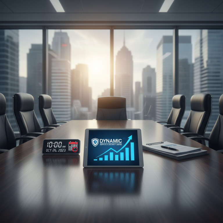 An empty corporate boardroom with a tablet displaying a rising stock graph and a company logo.