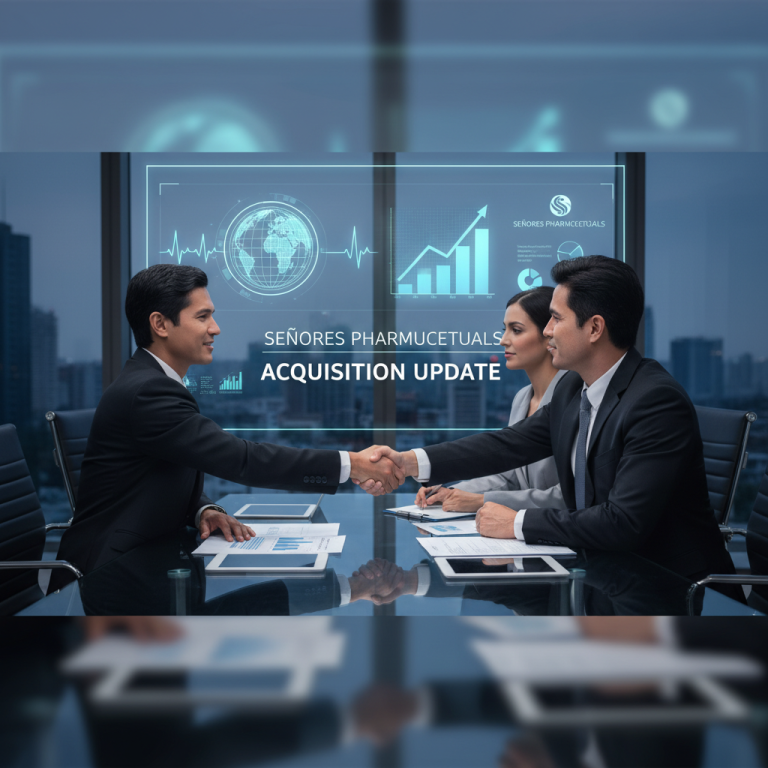 Two businessmen shake hands across a conference table with a businesswoman observing, and an overlay of digital health and financial data.