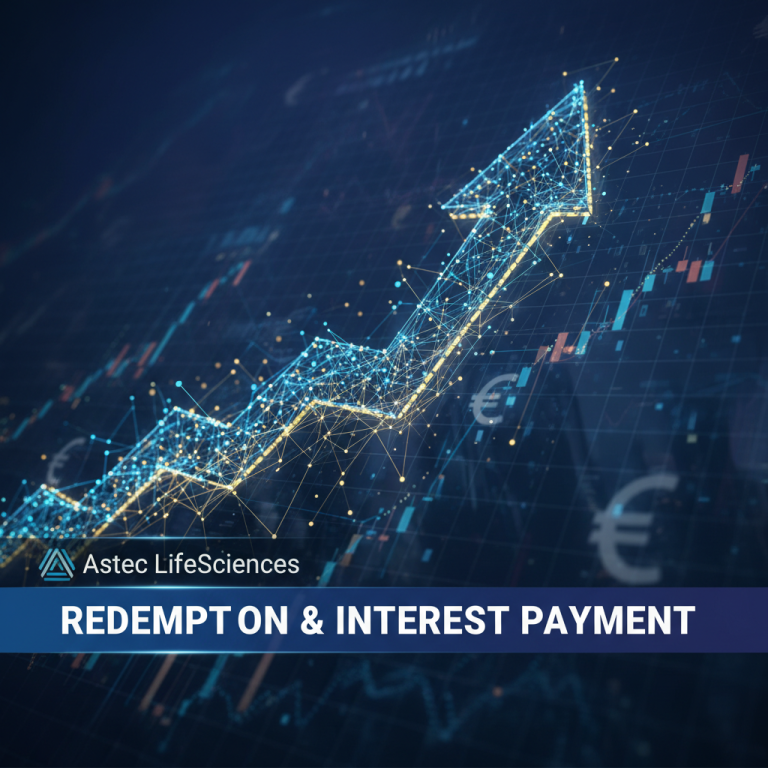 A digital arrow pointing upwards over a financial graph with Astec LifeSciences logo, symbolizing growth and payments.