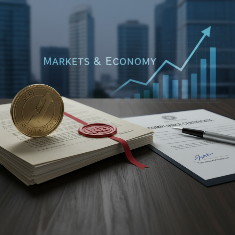 SEBI coin, sealed documents, pen, and growth chart, symbolizing regulatory compliance and economic progress.