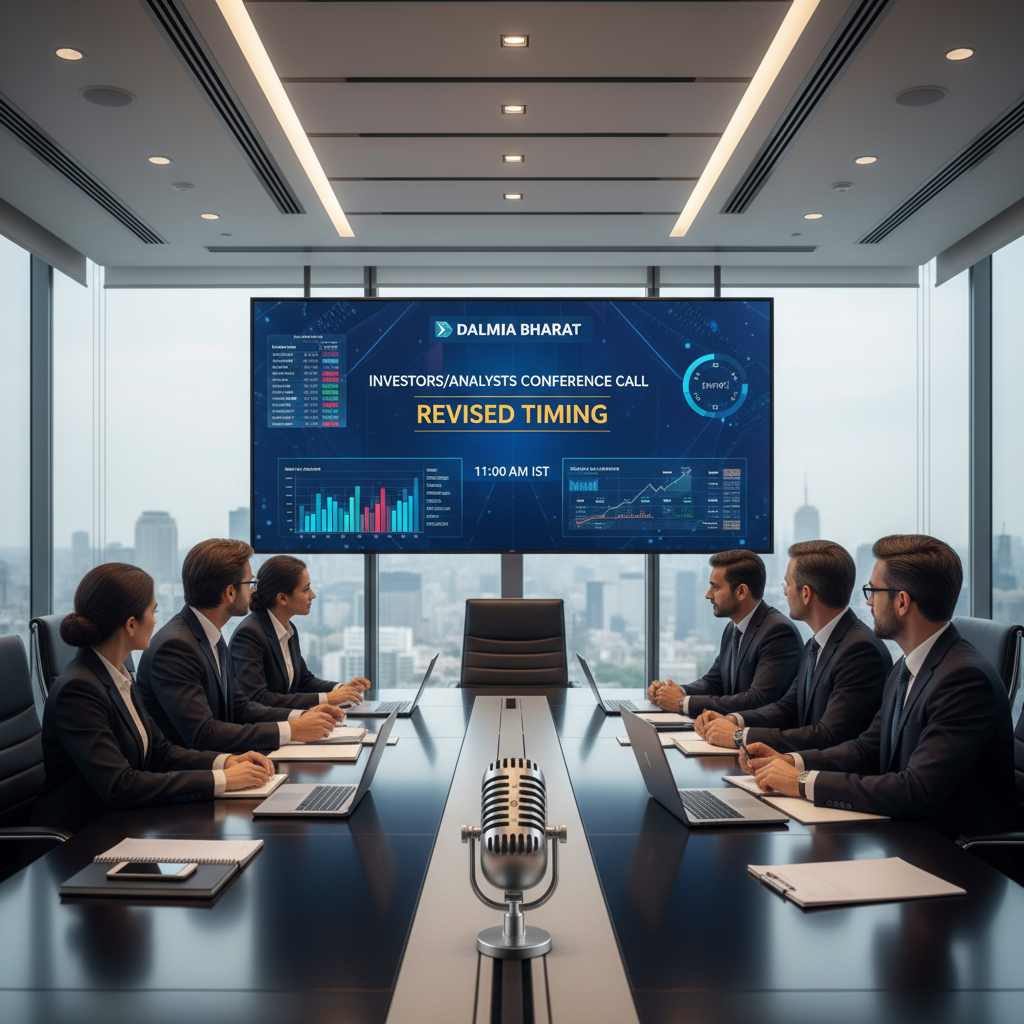 Professionals in a modern boardroom with city views, looking at a screen displaying "Dalmia Bharat Investors/Analysts Conference Call Revised Timing."
