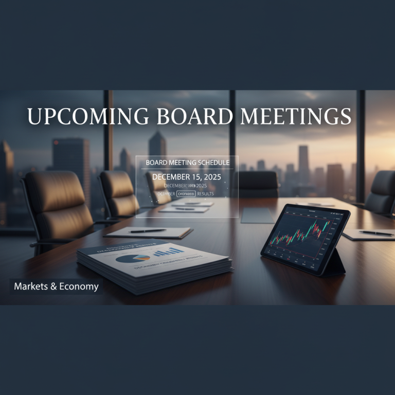 A professional conference room with city views, showing documents, a tablet with financial charts, and text "Upcoming Board Meetings."