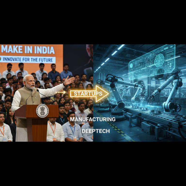 Narendra Modi speaking, with an arrow pointing from "Startups" to "Manufacturing" and "Deeptech" overlaid on an industrial scene.