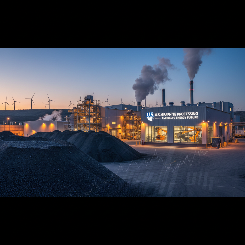 An industrial graphite processing plant at dusk, with wind turbines in the background and a subtle market graph overlay.