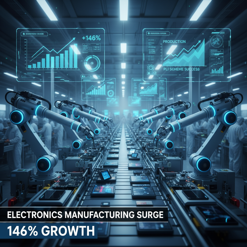 Robotic arms assemble electronics on a conveyor belt in a futuristic factory with holographic data displays showing growth charts.