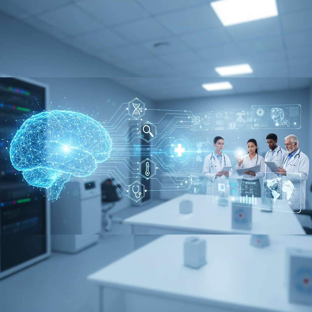 Doctors interacting with AI medical interfaces and a glowing brain graphic, symbolizing AI in healthcare.