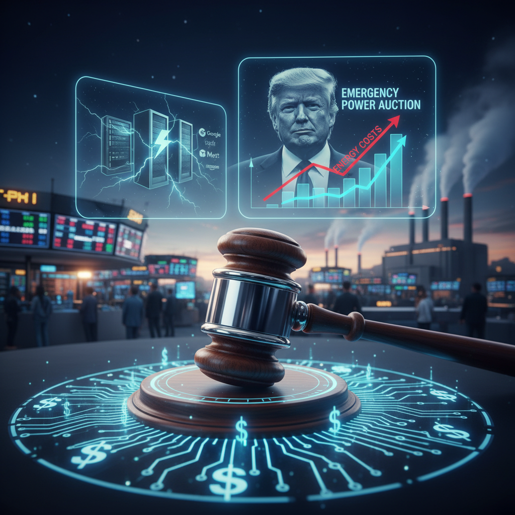 An image showing Donald Trump, an auction gavel, a power plant, and graphs related to energy costs and big tech.